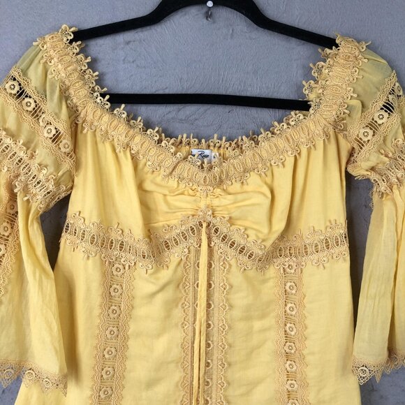 Charo Ruiz Ibiza Top Womens M Yellow Lace Boho Bell Sleeve Babydoll Milkmaid - Picture 15 of 16